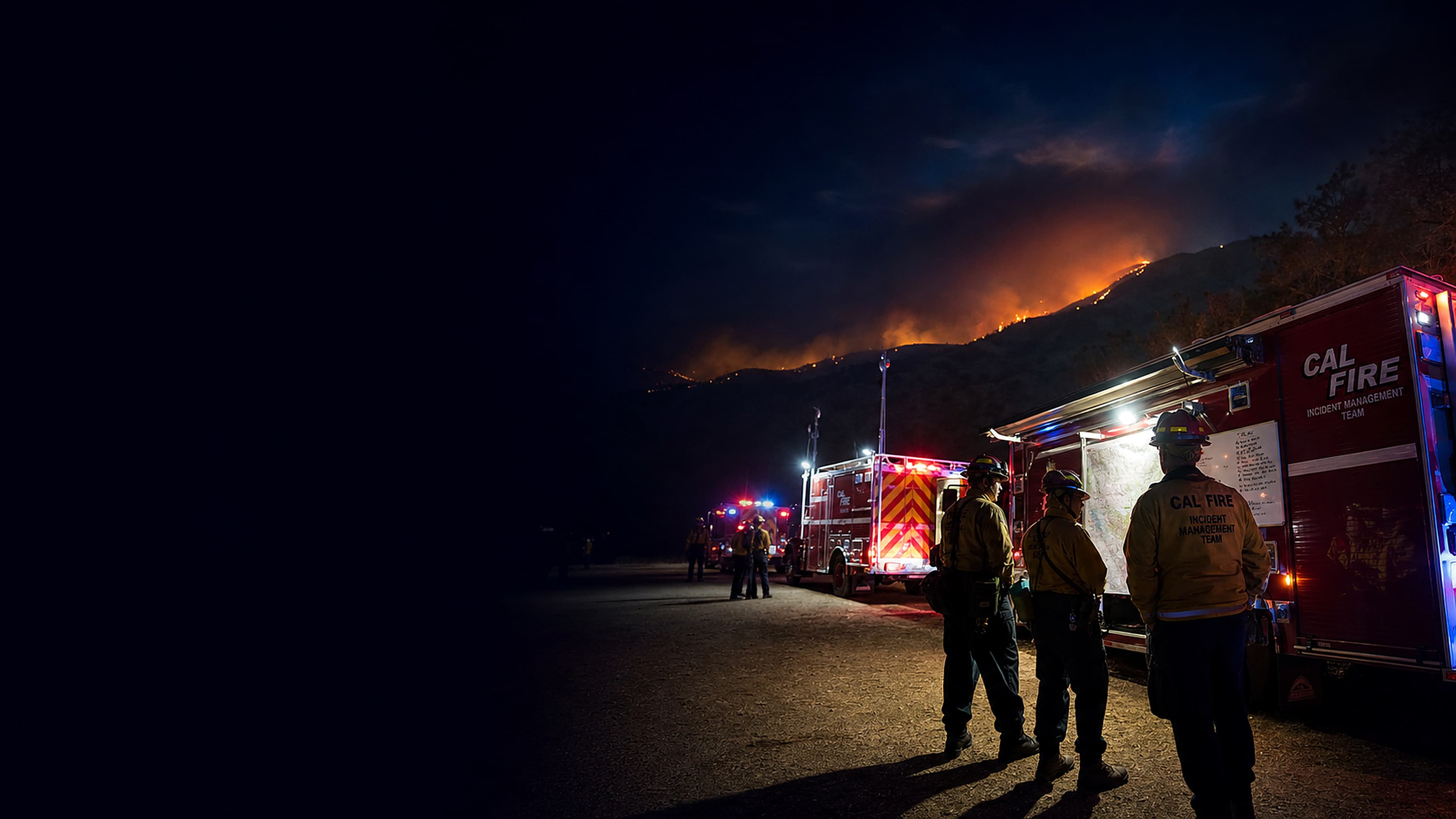 Operação de combate a incêndio florestal do CBMDF em campo, com viatura de comando, equipe e aeronave de apoio.